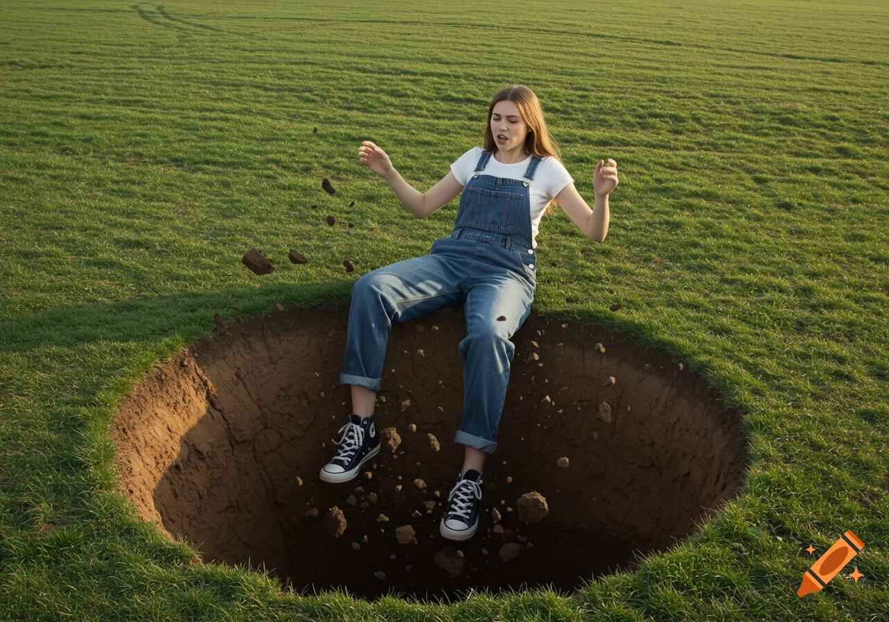 Woman in overalls falling into a large hole in a grassy field, dirt flying