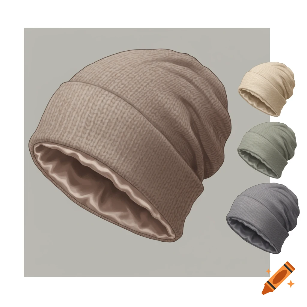 Illustration of a knitted beanie with satin lining, shown with smaller beige, green, and grey beanies.