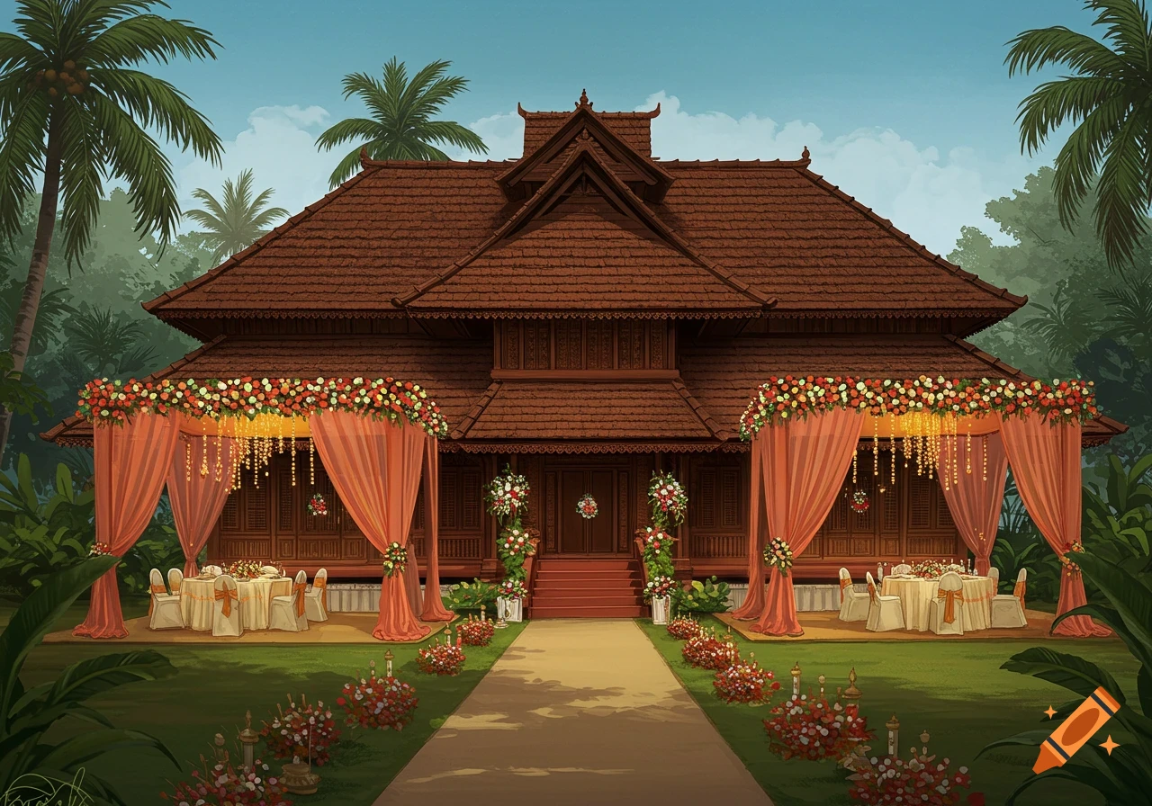 A traditional Kerala house is decorated with canopies, drapes, and flowers for an outdoor wedding, with tables and chairs set up on a lawn.