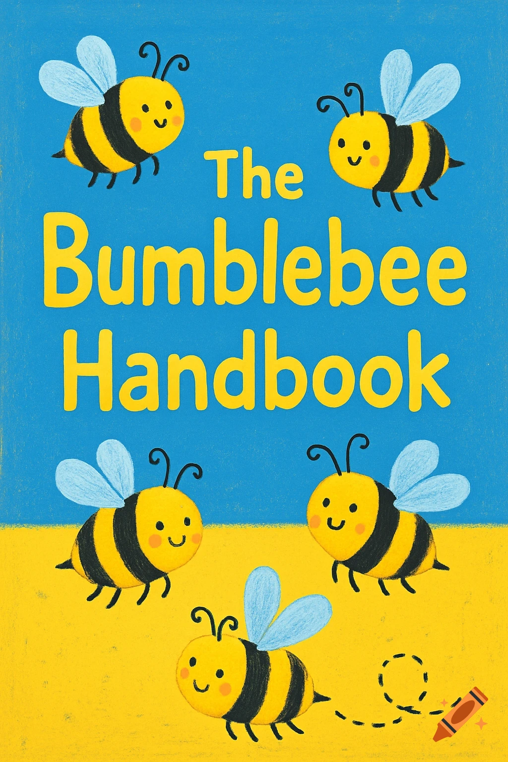 A child-like illustration of a book cover titled "The Bumblebee Handbook" with cute cartoon bumblebees against a blue and yellow background.