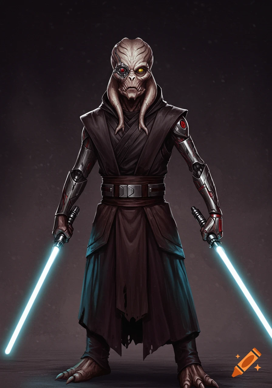 An alien character with cybernetic implants and a yellow eye holds two lightsabers.