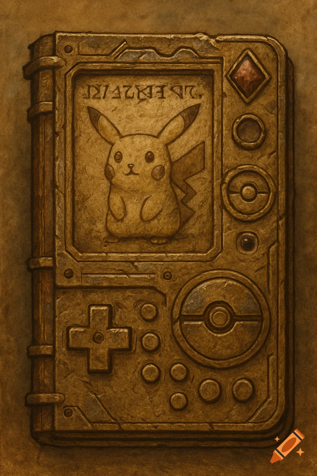 Ornate, ancient-looking artifact resembling a Pokédex with a relief of Pikachu and control buttons.