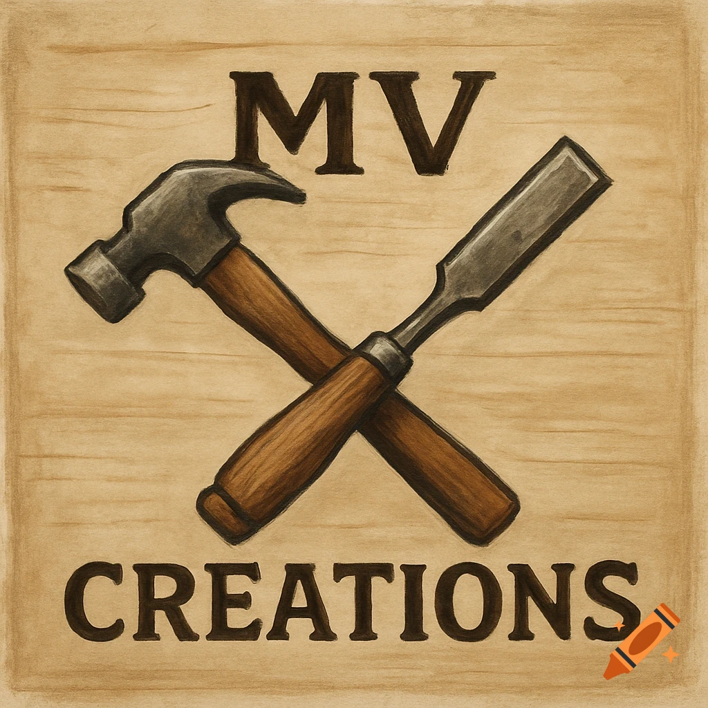 Logo with crossed hammer and chisel on wood background, text reads MV Creations