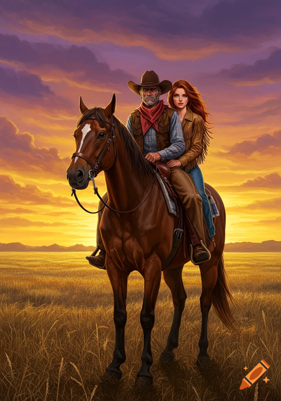 Cowboy and cowgirl riding a horse through a field at sunset, illustration style.