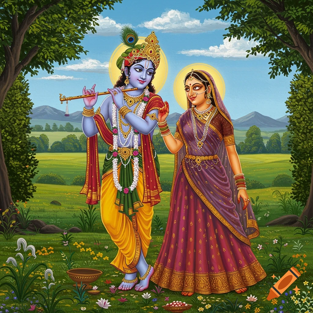 Krishna plays the flute beside Radha in a vibrant traditional style painting.