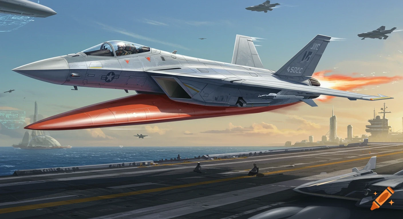 Futuristic fighter jet flies over an aircraft carrier in a bay with a distant city skyline.