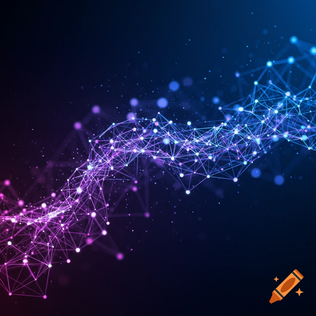 An abstract network of glowing purple and blue interconnected nodes and lines on a dark background.