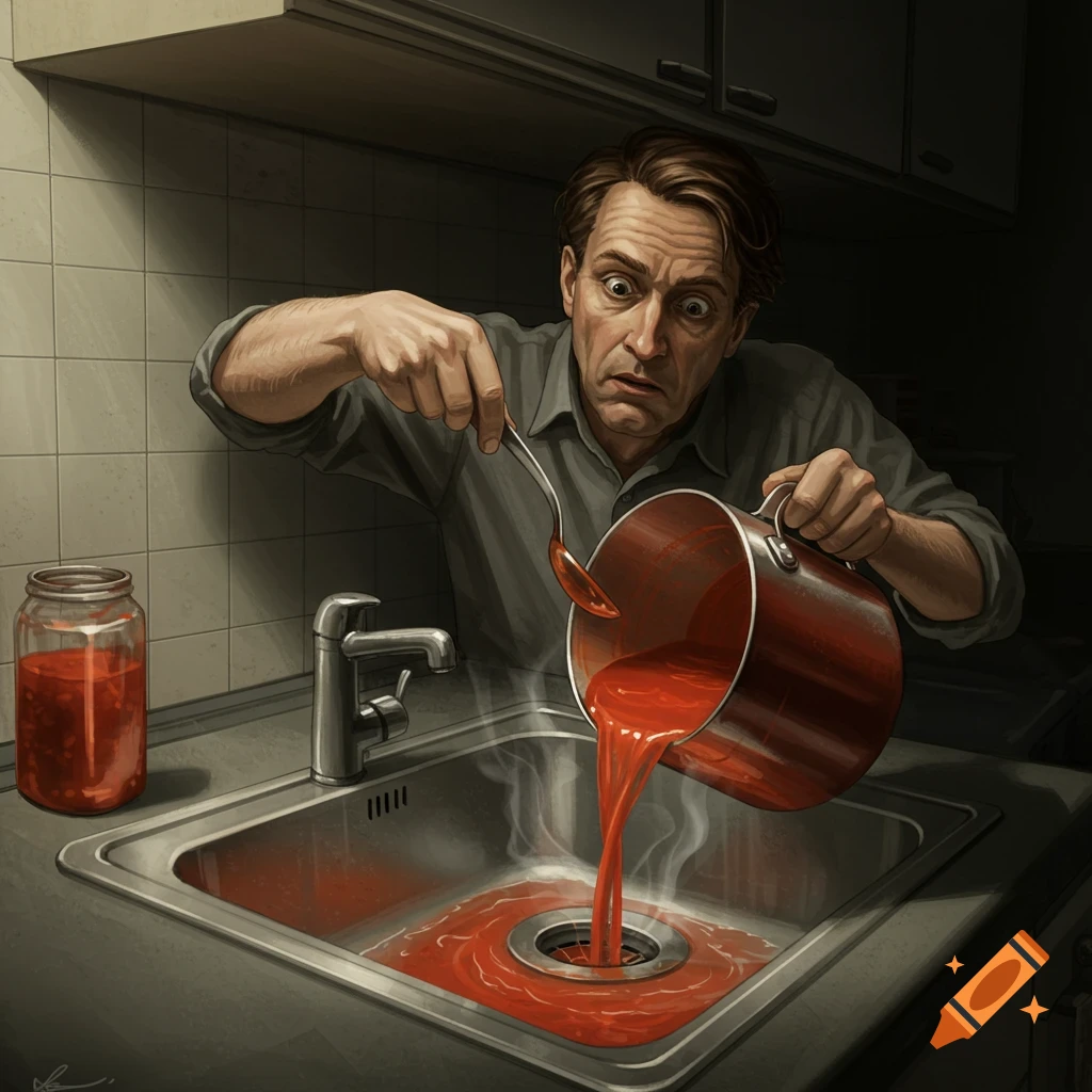 Illustration of a man pouring red liquid from a pot into a kitchen sink.