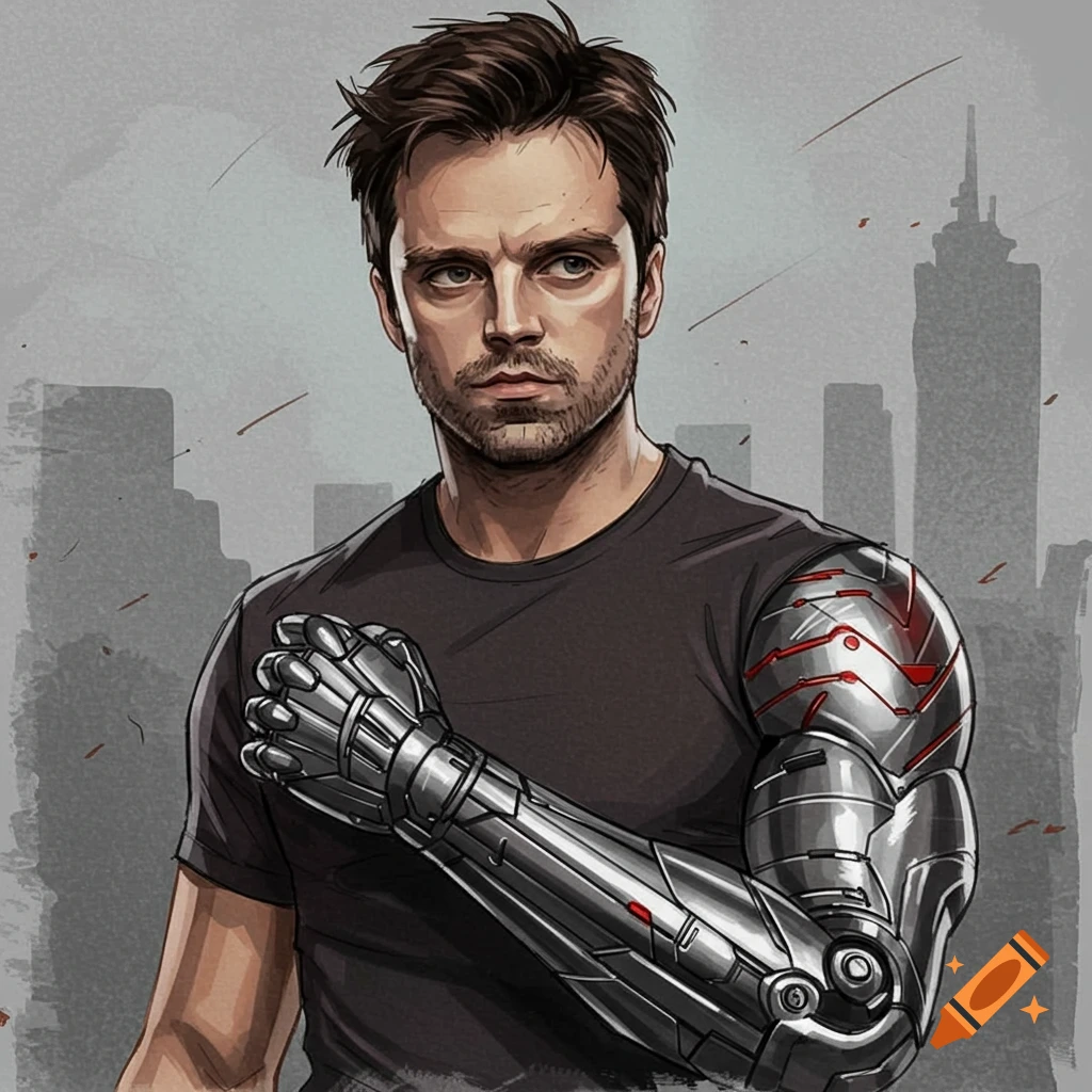 Stylized illustration of Bucky Barnes with his metal arm against a city background.
