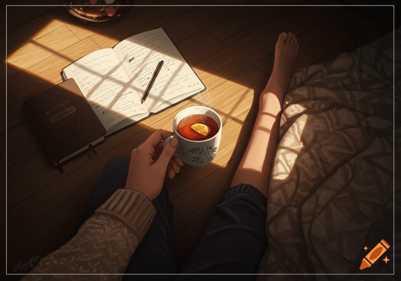 Person holding tea cup next to journal in sunlight.