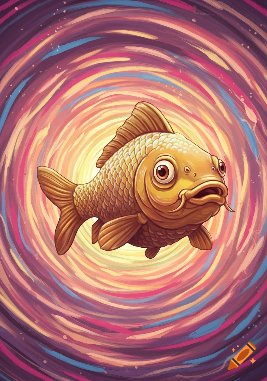A cartoon golden fish swims in a swirling colorful vortex illustration.
