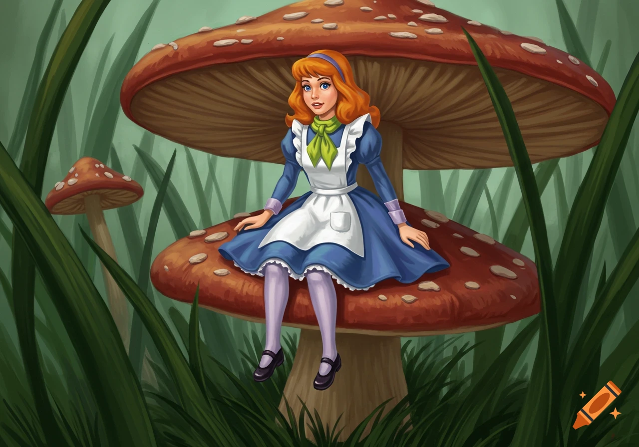 Daphne Blake from Scooby-Doo in an Alice in Wonderland dress sits on a giant mushroom.