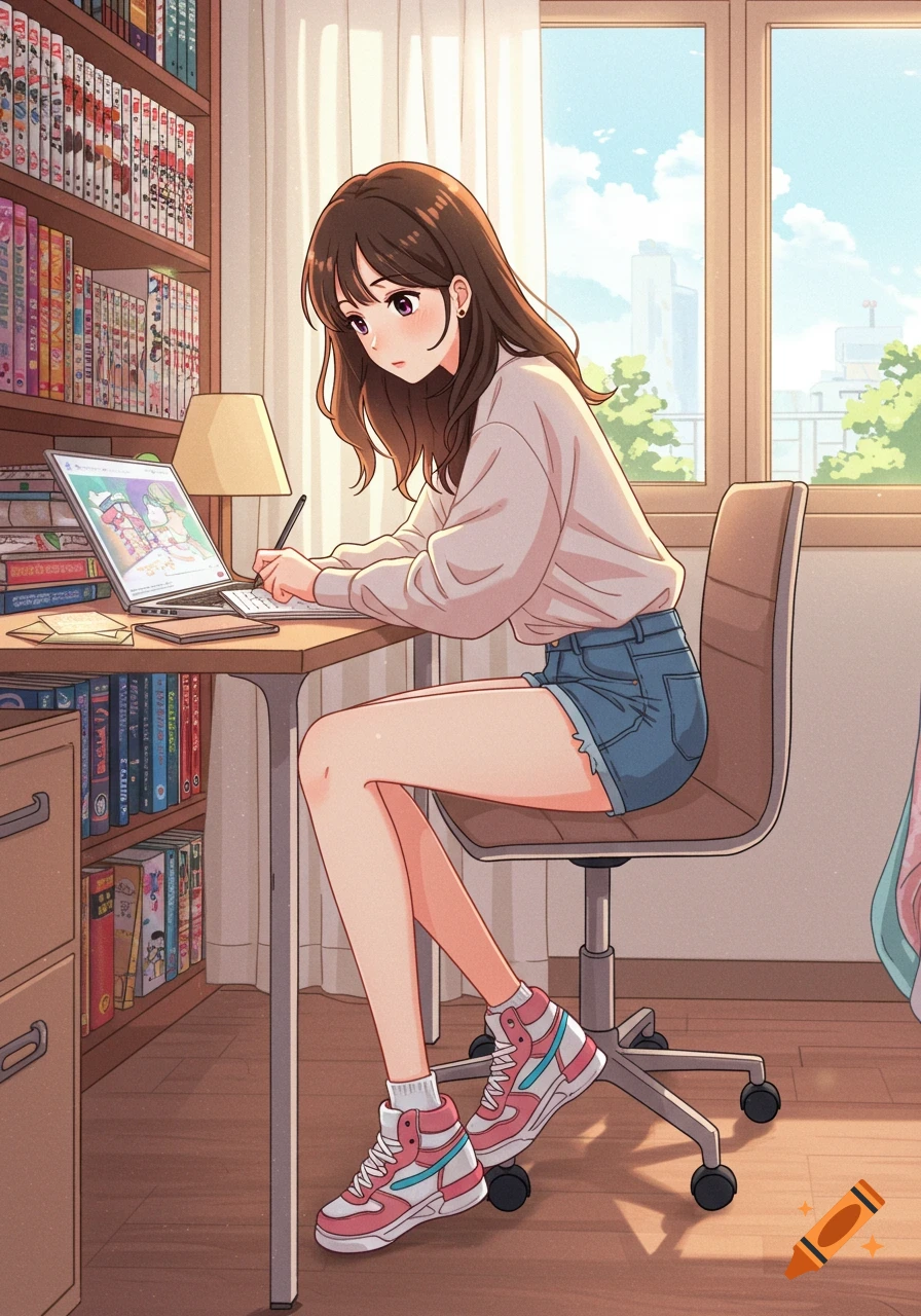 Anime girl sitting at a desk with books and laptop, writing