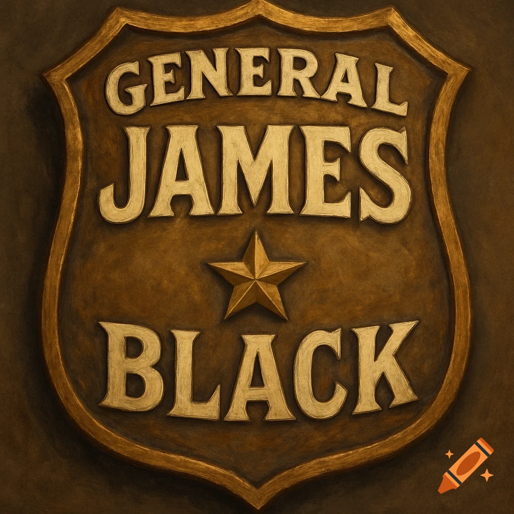 Vintage metal badge with the words 'General James Black'.