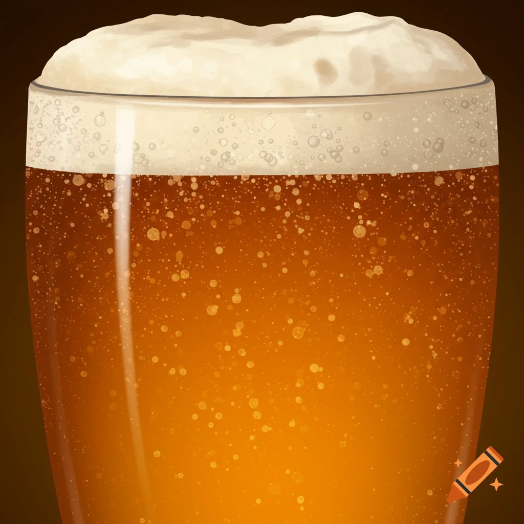 Close-up illustration of a pint of beer with frothy foam on top and bubbles inside.