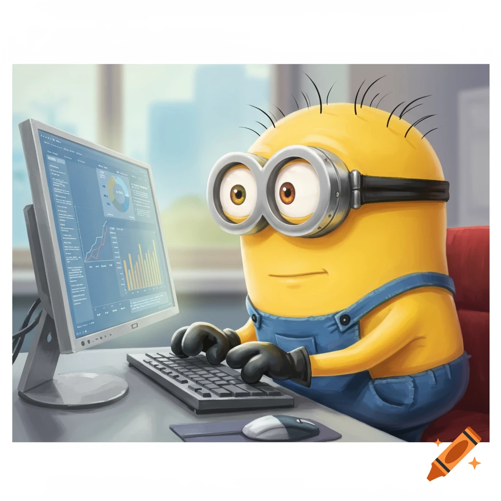 Cartoon Minion character working on a computer displaying charts