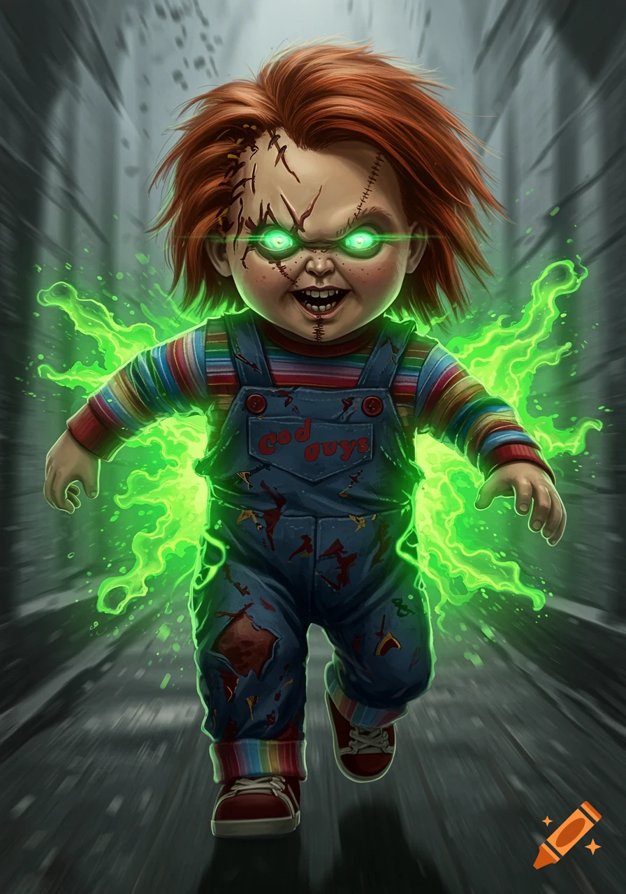 Digital art of Chucky the doll charging at the camera with glowing green eyes and energy.