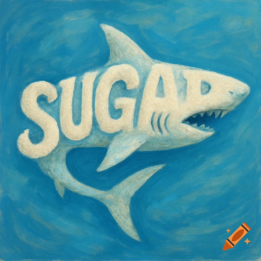An illustration of a white shark with the word SUGAR integrated into its body, against a blue background.