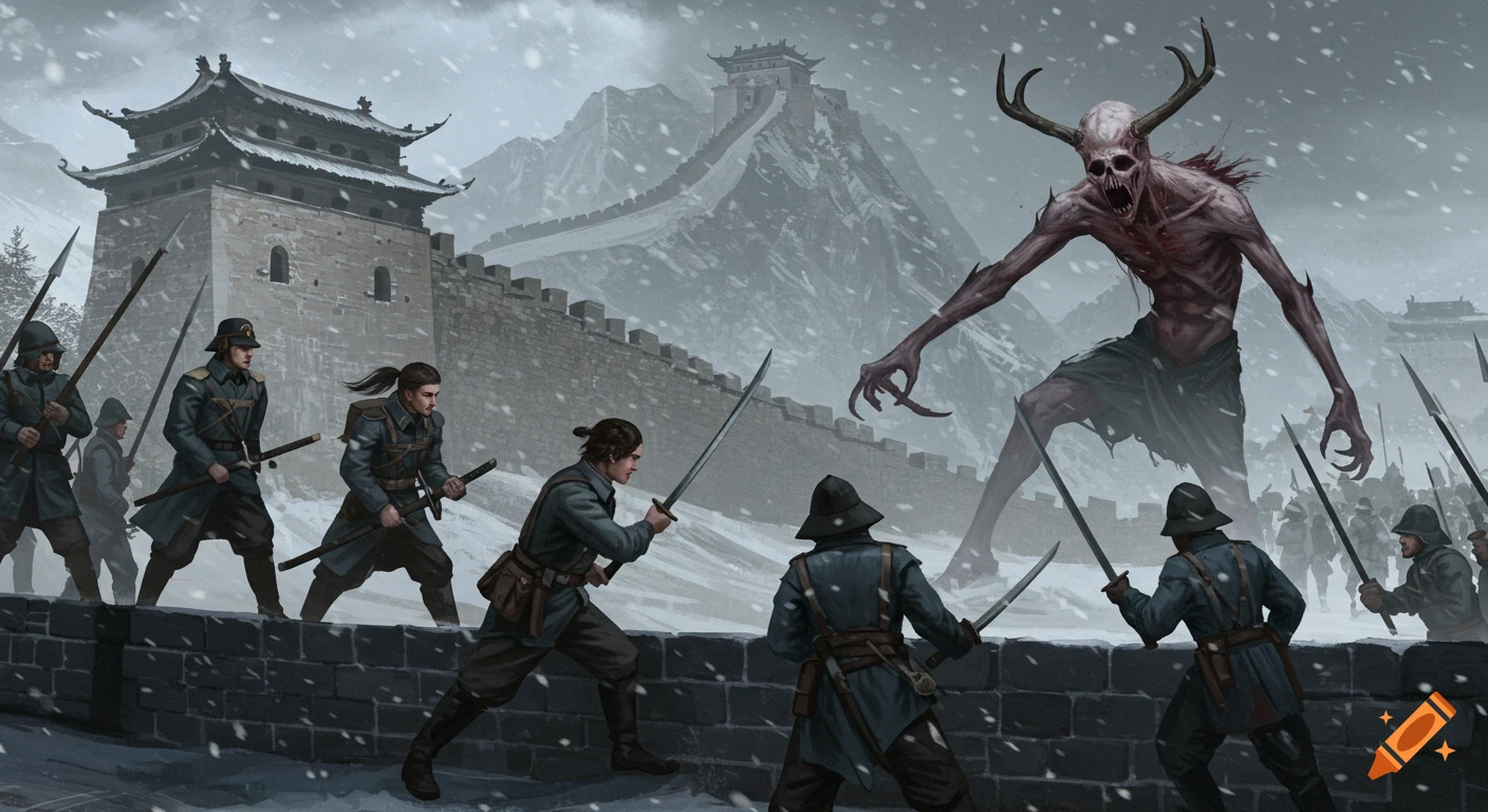 Soldiers on a wall fight a giant skeletal monster with antlers in a snowy mountain landscape.