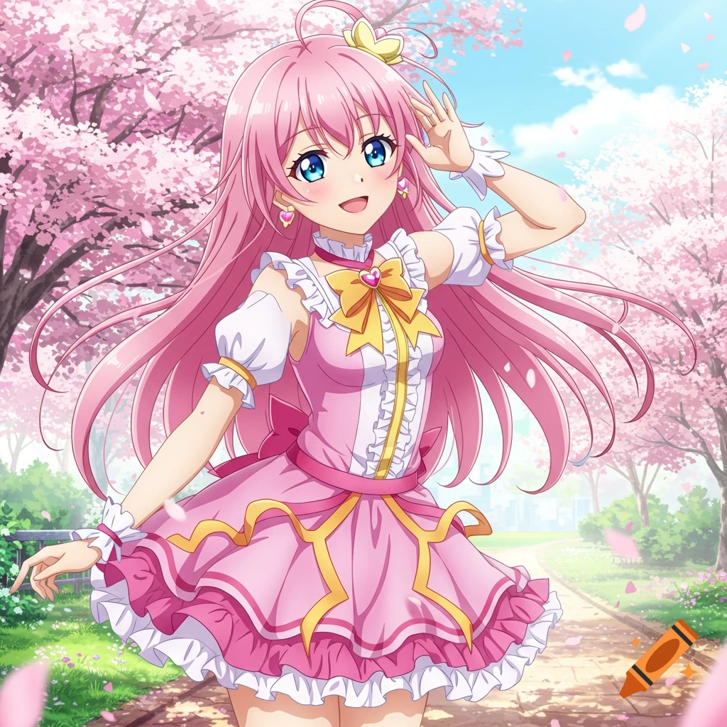 Anime girl with pink hair and blue eyes in a pink dress under cherry blossom trees.