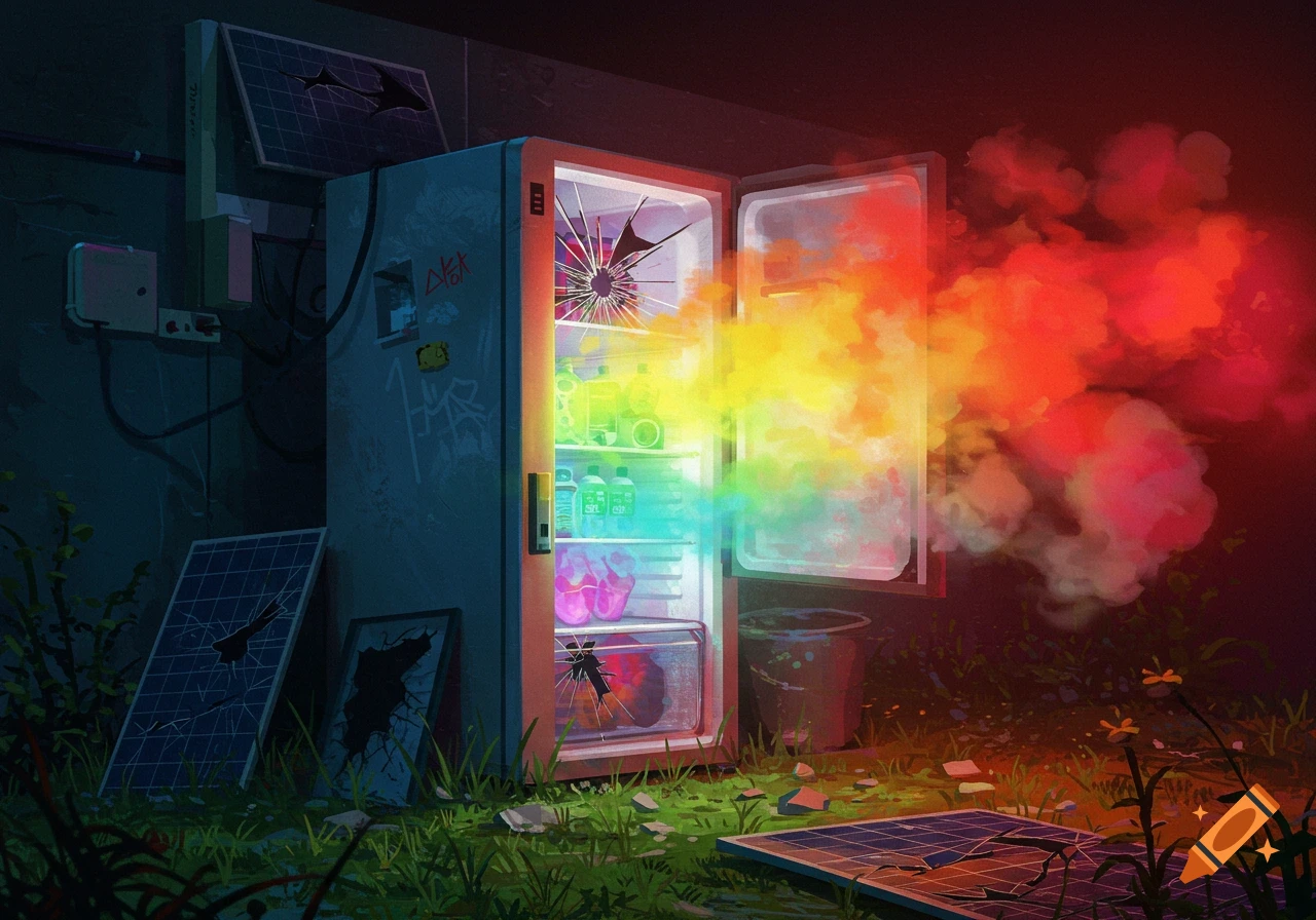 An illustrated scene of a broken refrigerator emitting rainbow smoke, surrounded by broken solar panels and grass.