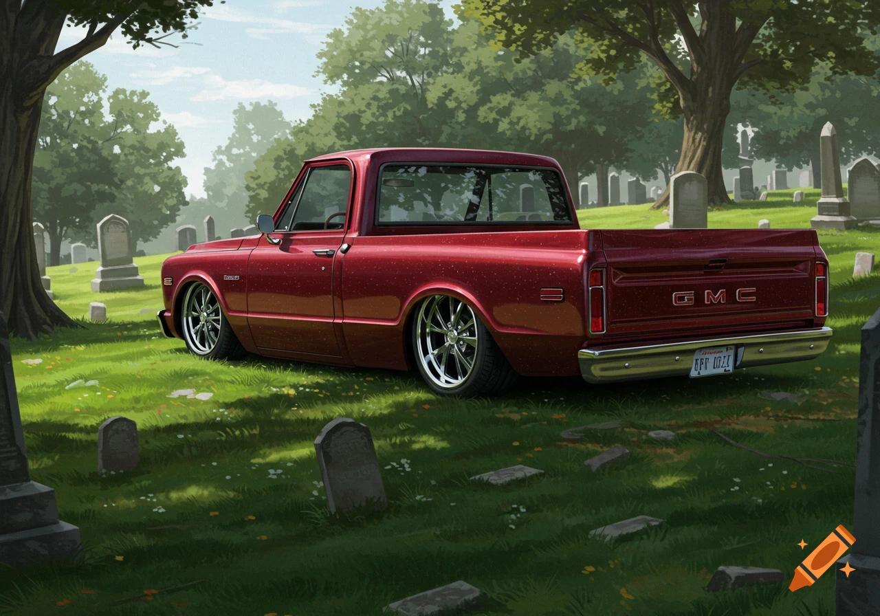 A maroon low rider pickup truck parked in a sunny cemetery.