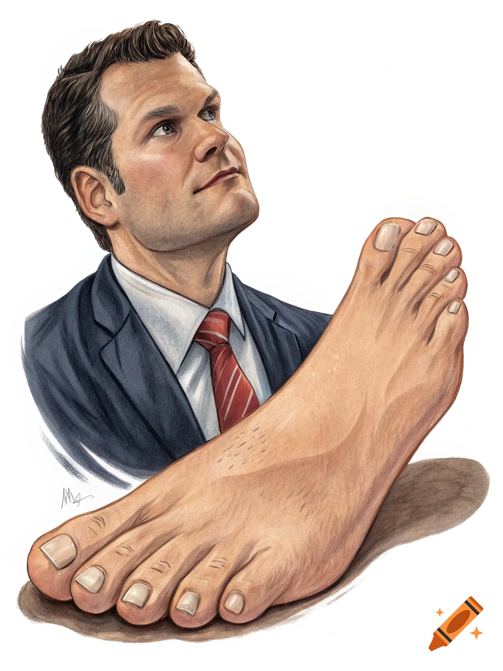 Caricature of a man in a suit looking up at a large human foot.