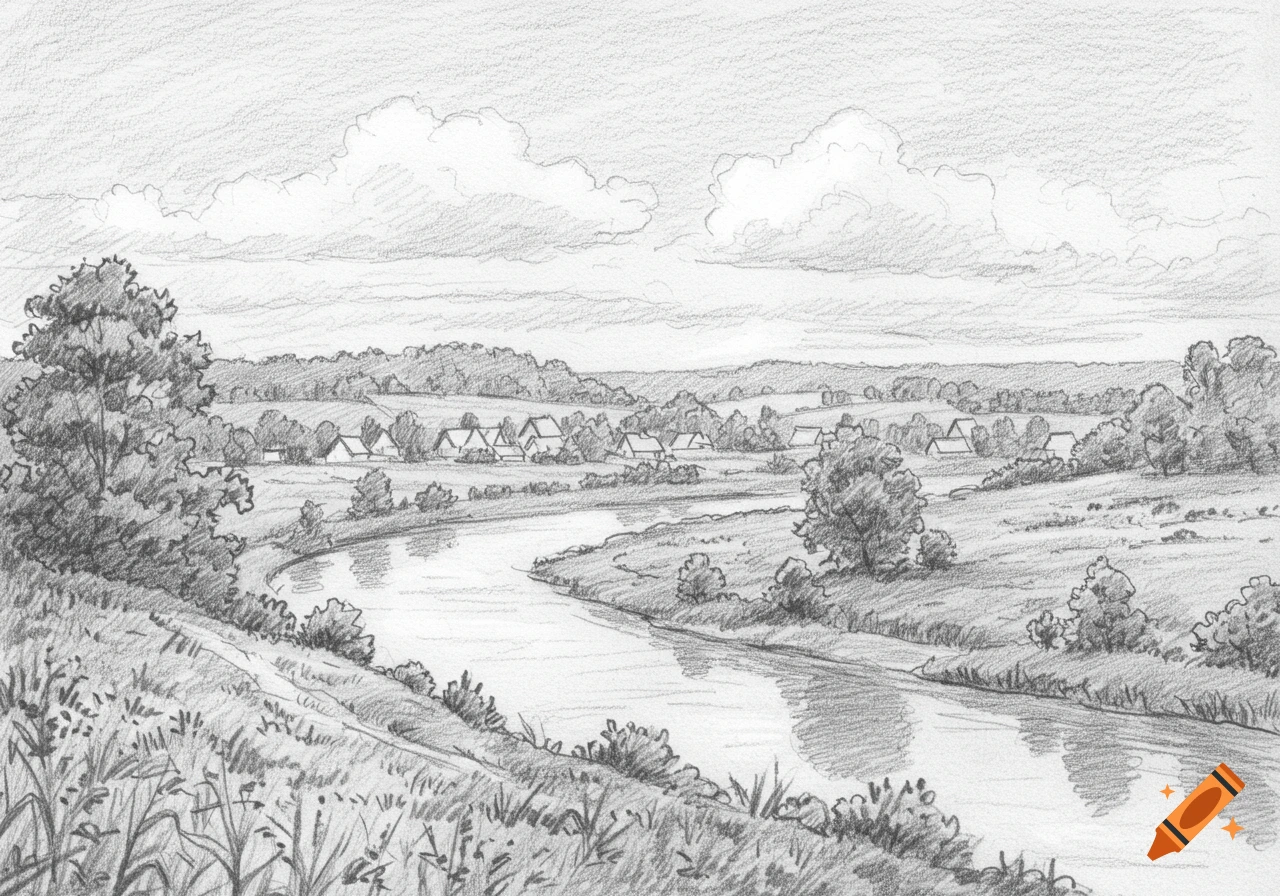 Pencil sketch of a river winding through a rural landscape with a village and fields under a cloudy sky.