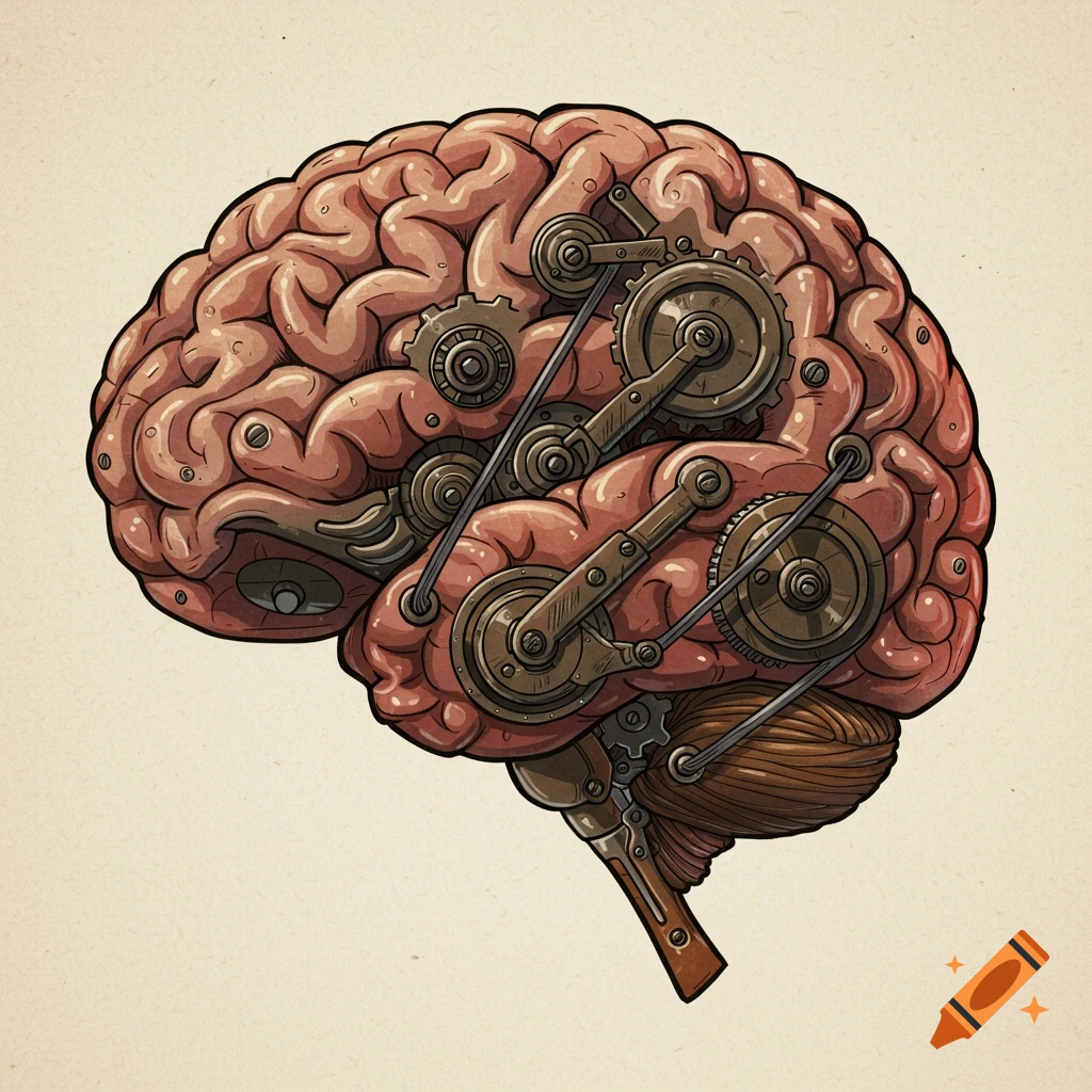 Illustration of a human brain with gears and pulleys integrated into it.