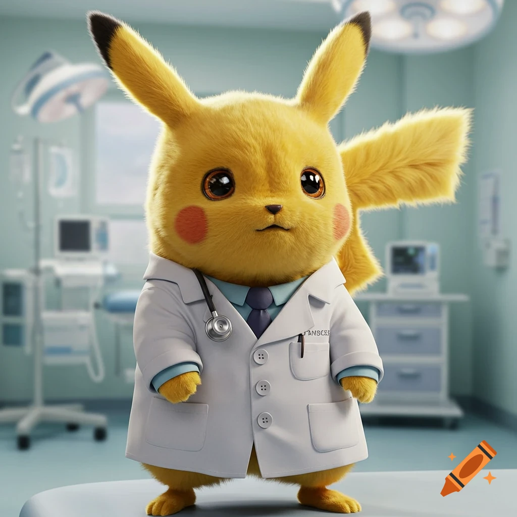 Photorealistic Pikachu wearing a doctor's coat and stethoscope in a medical room.