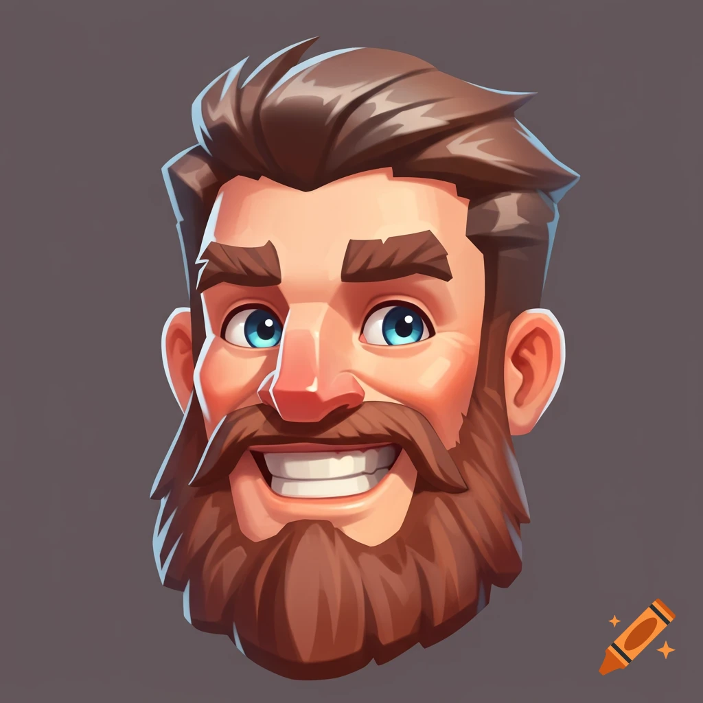 Cartoon headshot of a smiling man with a beard and brown hair in Supercell style.