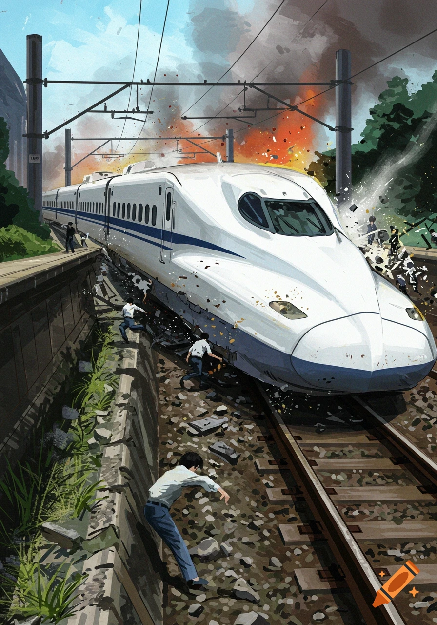 Illustration of a white bullet train crashing with debris and fire as people flee.