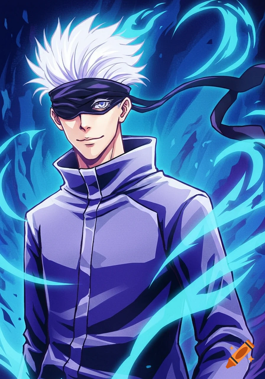 Anime character with white hair and blindfold, surrounded by blue energy