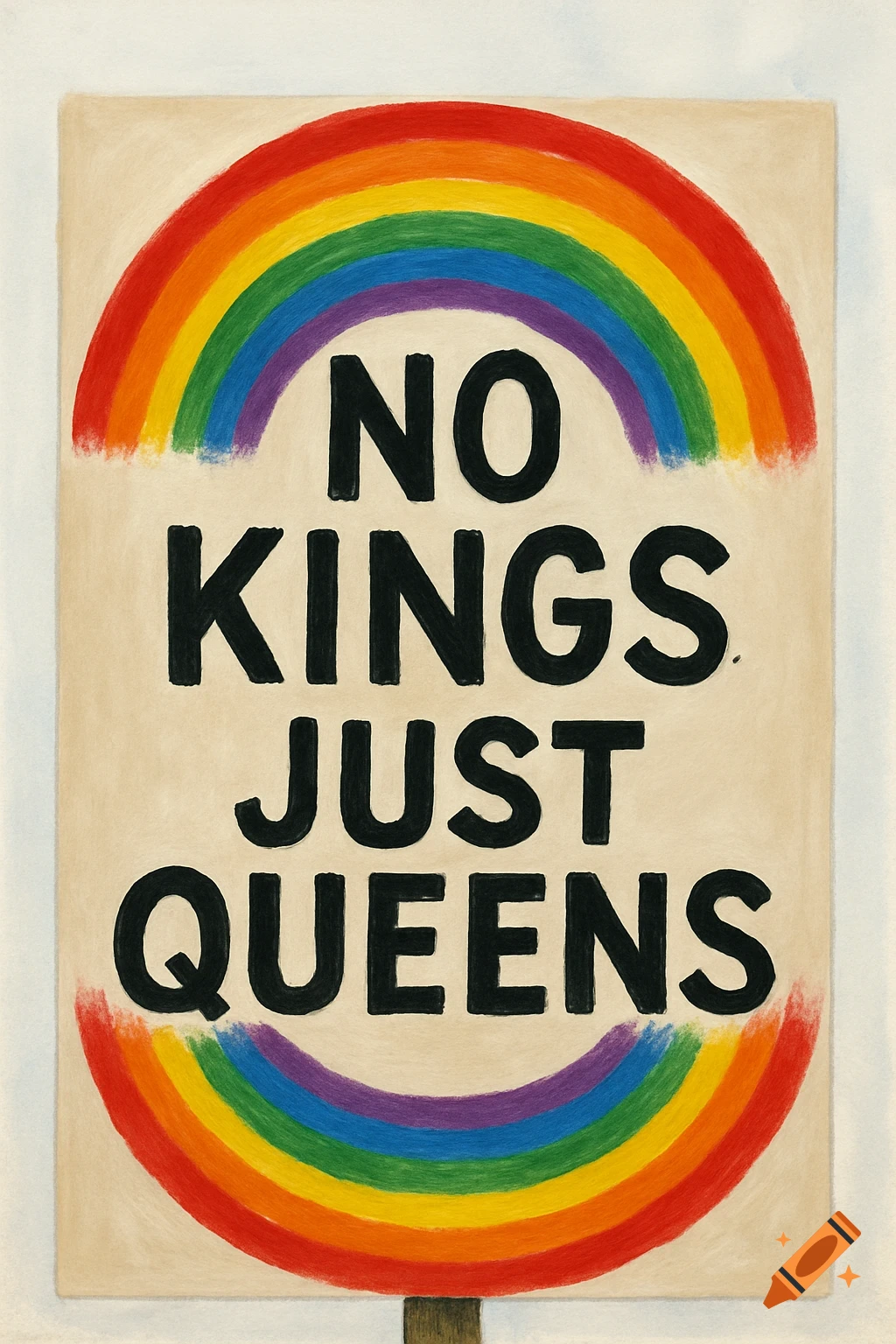 A hand-painted rally sign with rainbows says 'NO KINGS JUST QUEENS'