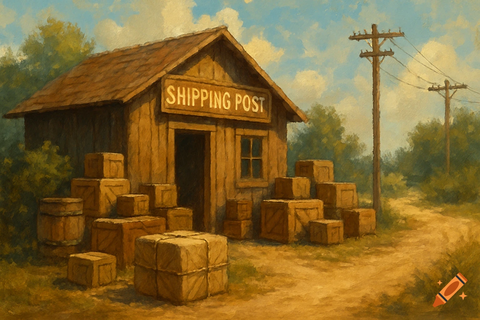 A painterly landscape of a rustic wooden shipping post building with boxes outside.