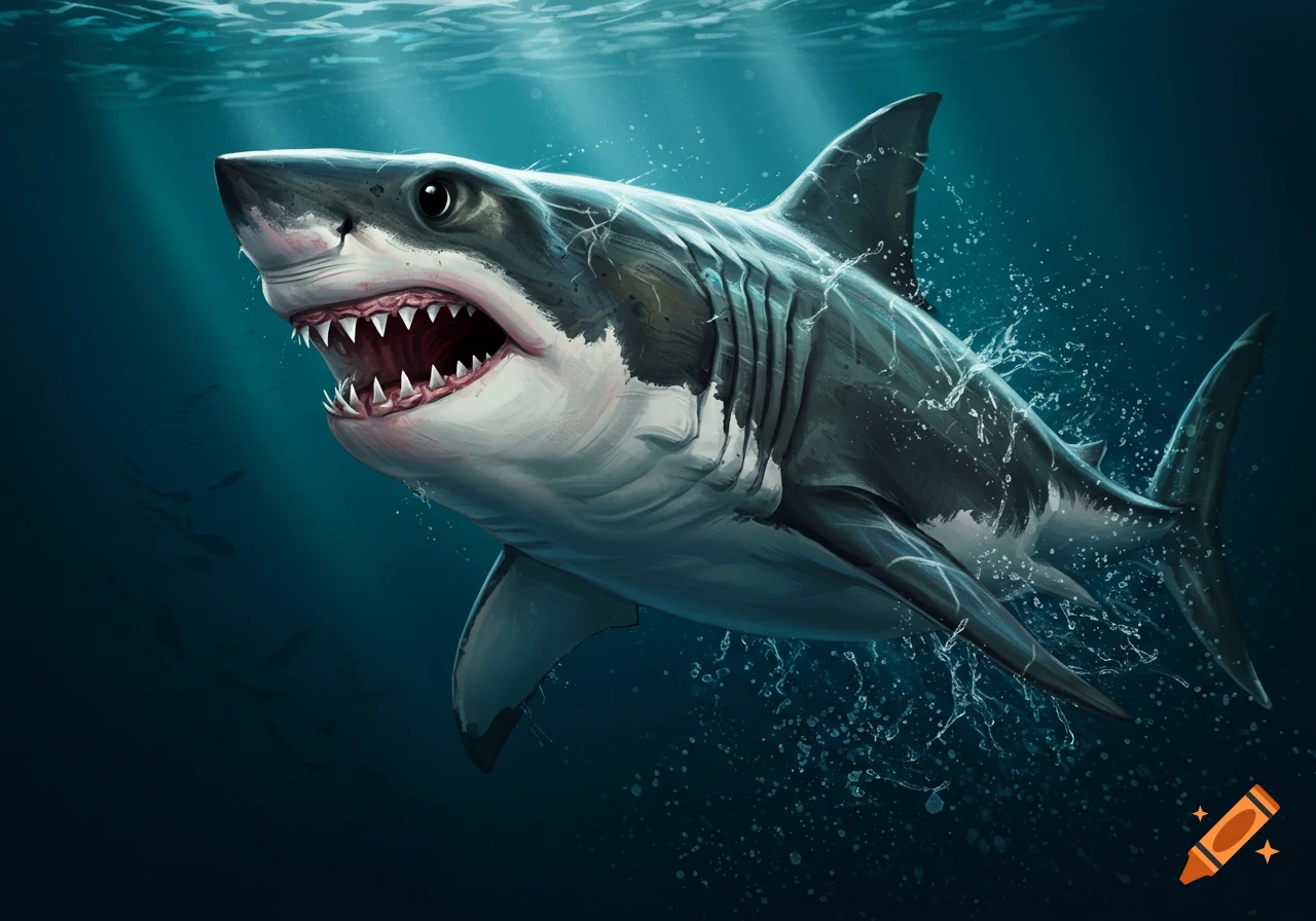 Great white shark underwater with mouth open, illustration
