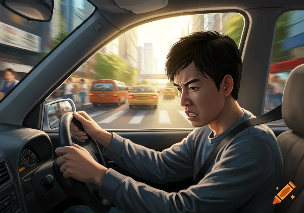 A man looks stressed while driving a car in busy city traffic, seen from inside the car.