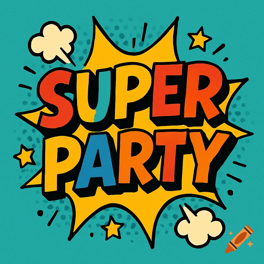 Pop art graphic with 'SUPER PARTY' text in a yellow explosion.