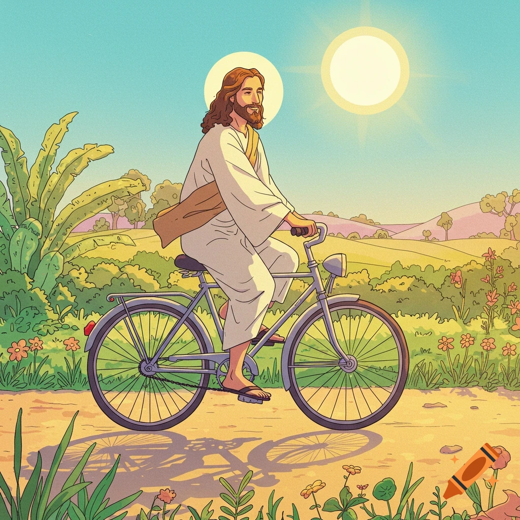 Illustration of Jesus riding a bicycle through a sunny countryside.