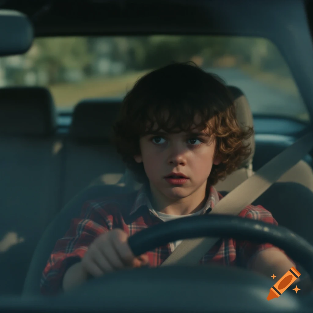 Young boy in plaid shirt behind the steering wheel of a car