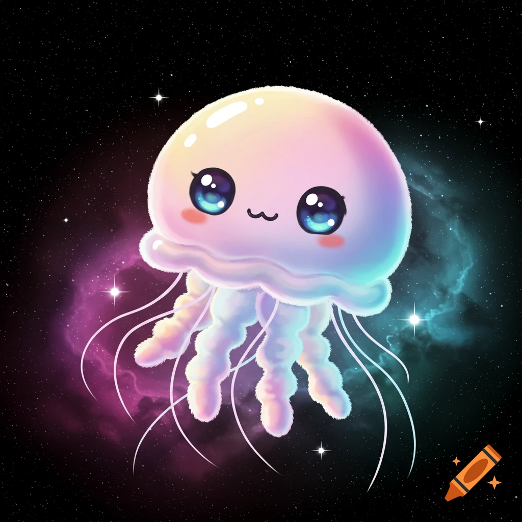 A cute plush-style jellyfish with big eyes floats in space with nebulas and stars.