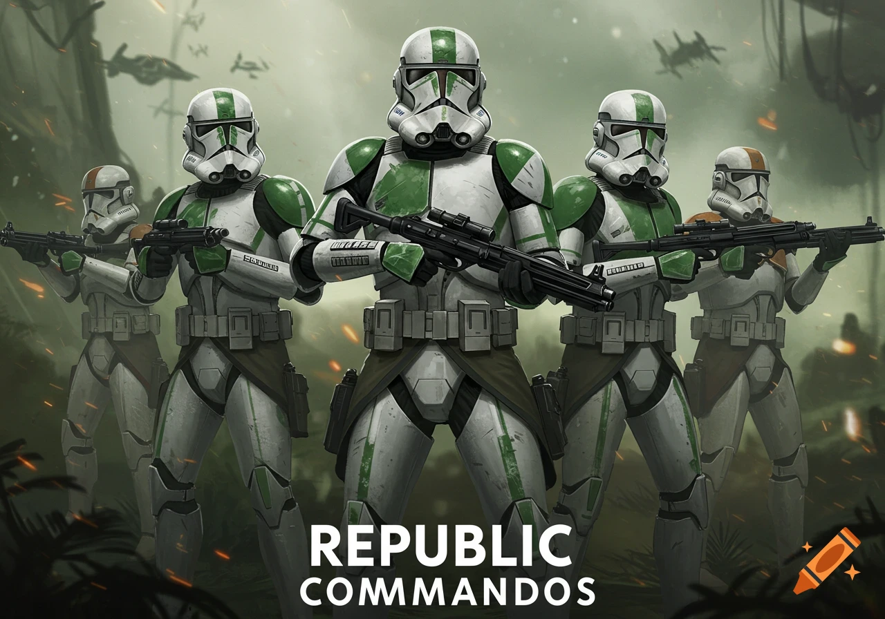Group of Star Wars Republic Commandos in green and white armor holding blasters, illustrative style.