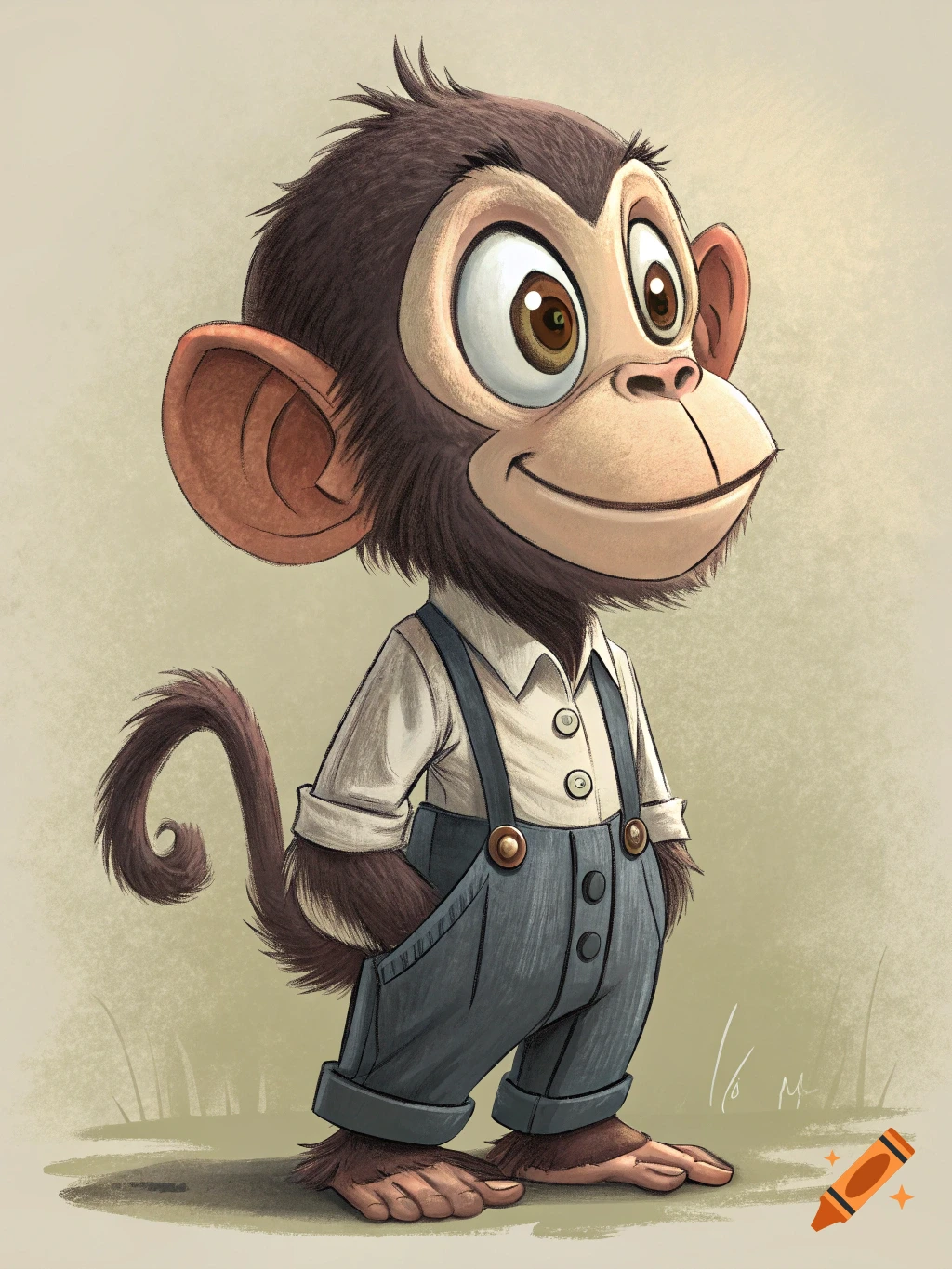 Cartoon illustration of a monkey in overalls and a shirt, standing and smiling.
