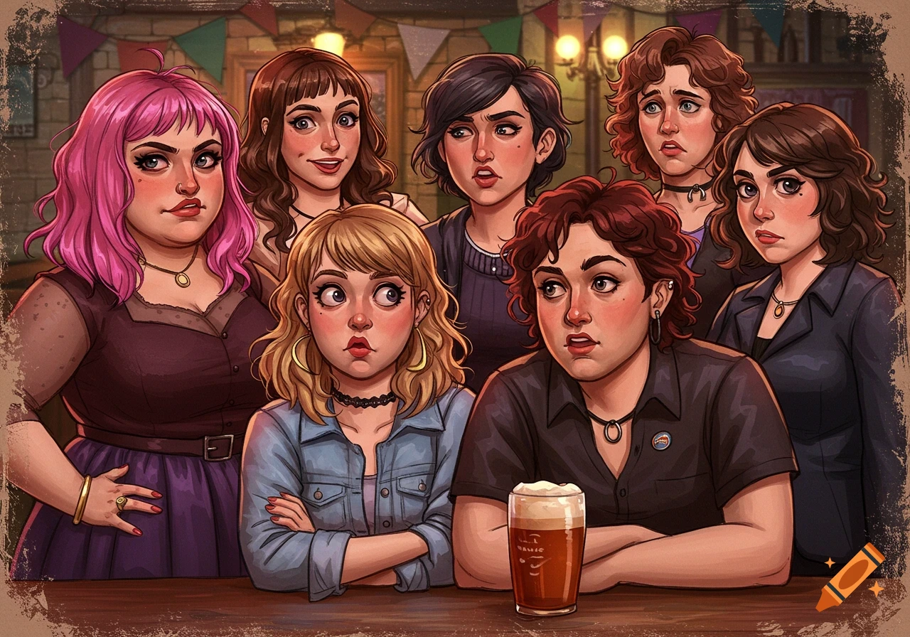 A group of seven cartoon women with diverse hairstyles and expressions sit at a bar with a glass of beer.