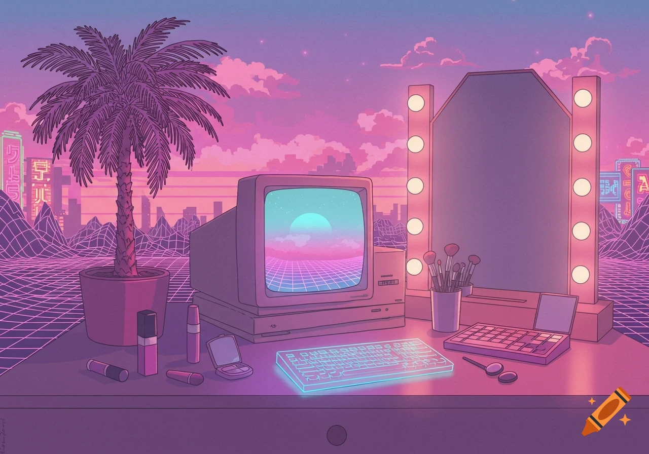 Vaporwave illustration of a desk with a vintage computer, keyboard, mirror, makeup, and palm tree against a pink/purple grid cityscape.