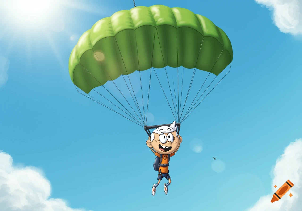 Cartoon character Lincoln Loud parachuting through a sunny blue sky.