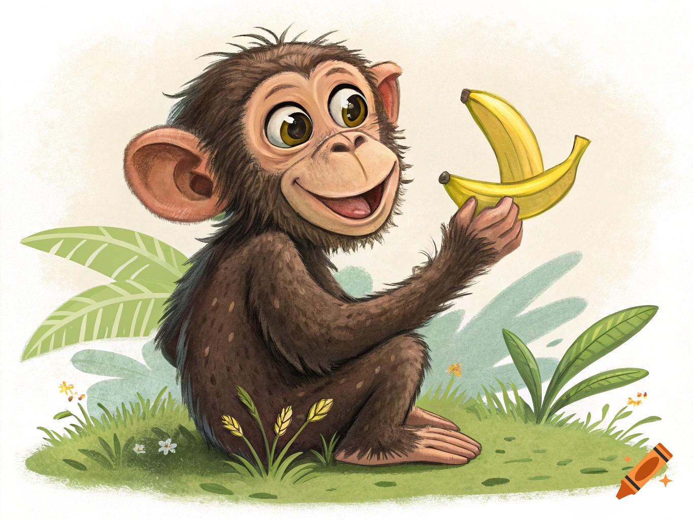 Cartoon baby monkey holding a banana in a jungle setting.