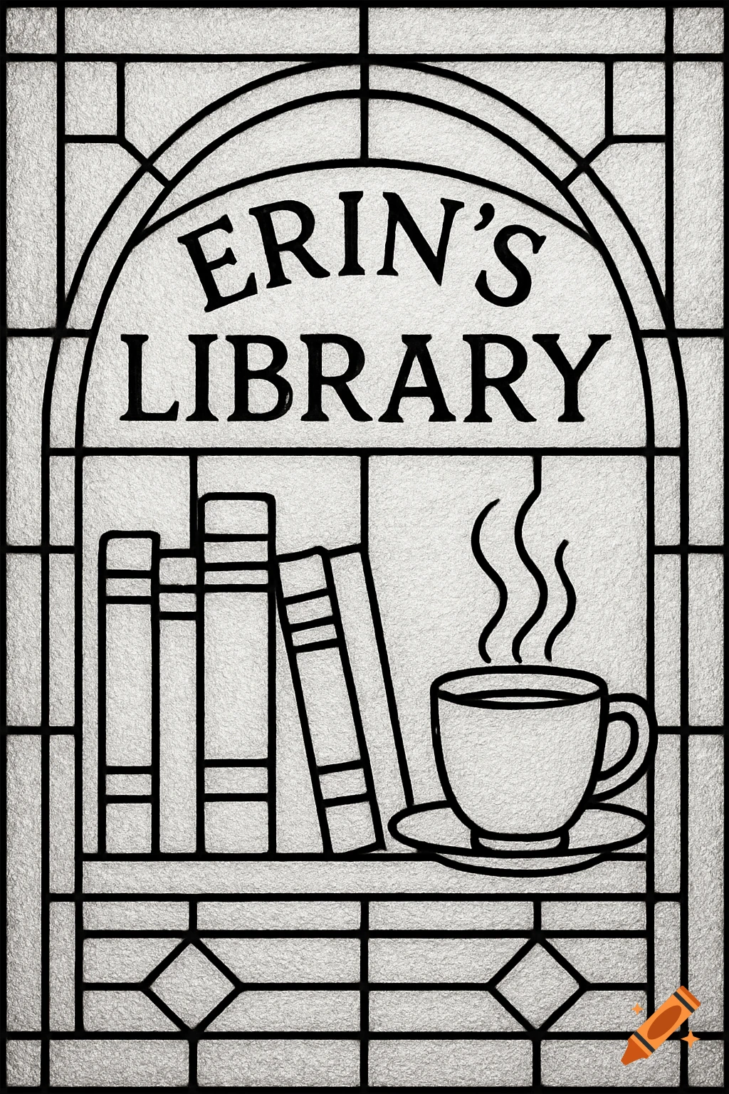Stained glass outline of books, a coffee cup, and text 'Erin's Library'.