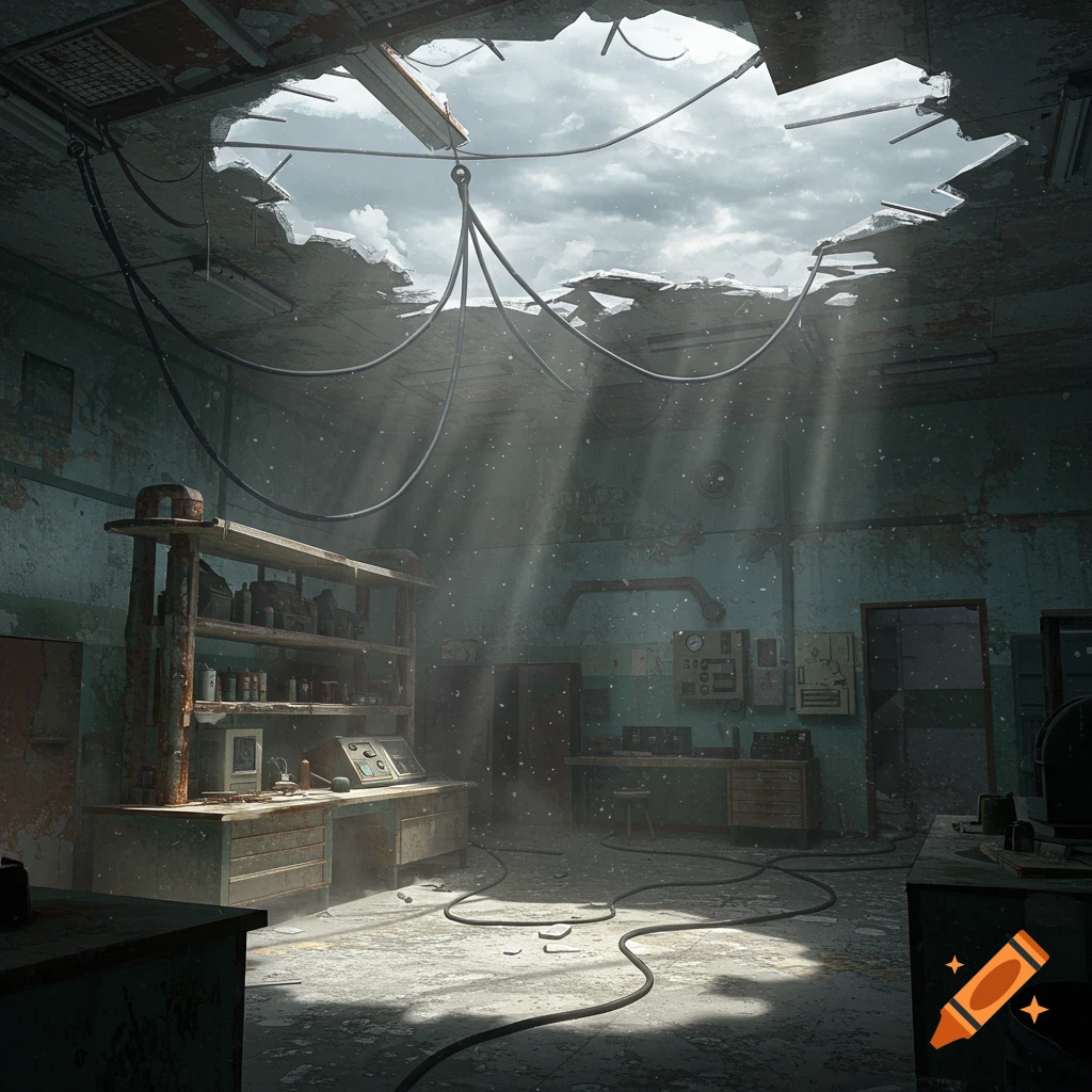 An abandoned, dilapidated laboratory interior with a large hole in the ceiling and sunlight streaming in.