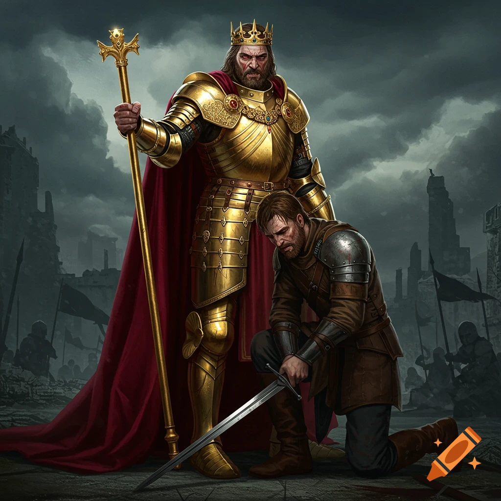 A king in golden armor stands over a kneeling soldier holding a sword in a ruined city, digital painting.